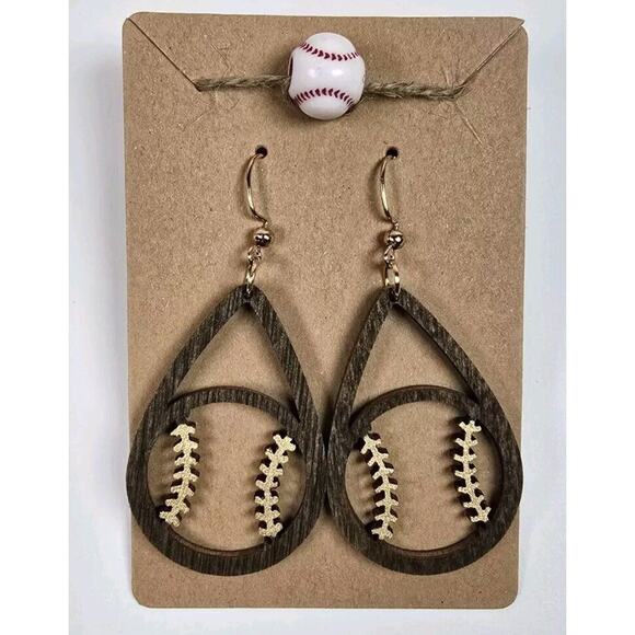 Baseball Teardrop Earrings Softball Fan Beautiful Real Wood Rich Gold Accent New - Picture 5 of 5